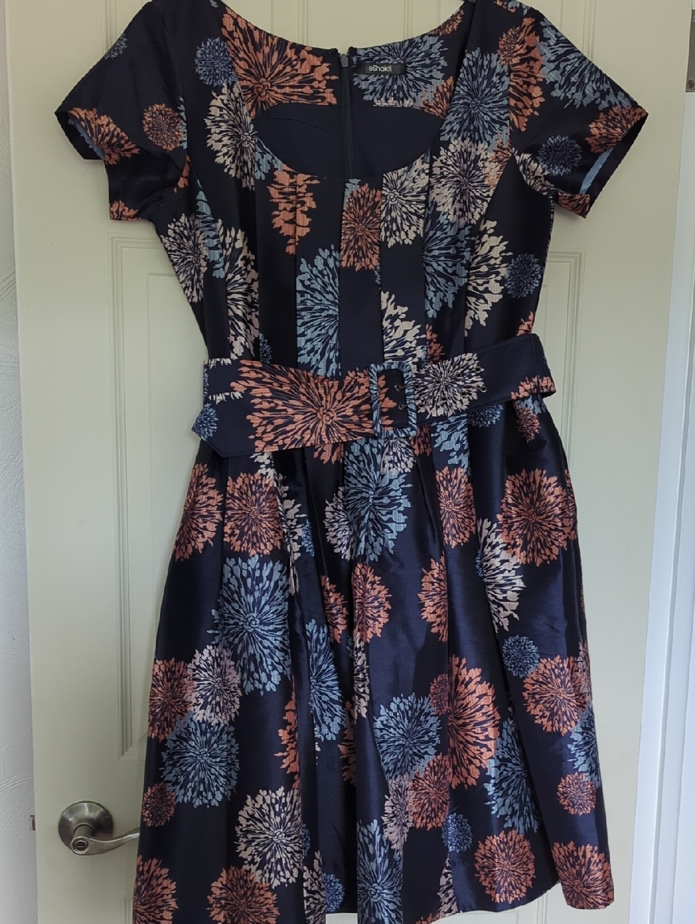 eshakti Navy Midi Dress with Blue and Coral Floral Burst